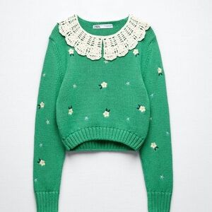 NWT ZARA knit Floral Sweater with Crochet Collar